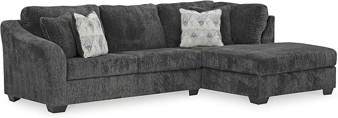 Signature Design by Ashley Biddeford Contemporary Right-Arm Facing Convertible 2-Piece Sleeper Sectional with Chaise, Bi-Fold Memory Foam Mattress and 4 Accent Pillows, Full, Gray