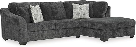 Signature Design by Ashley Biddeford Contemporary Right-Arm Facing Convertible 2-Piece Sleeper Sectional with Chaise, Bi-Fold Memory Foam Mattress and 4 Accent Pillows, Full, Gray