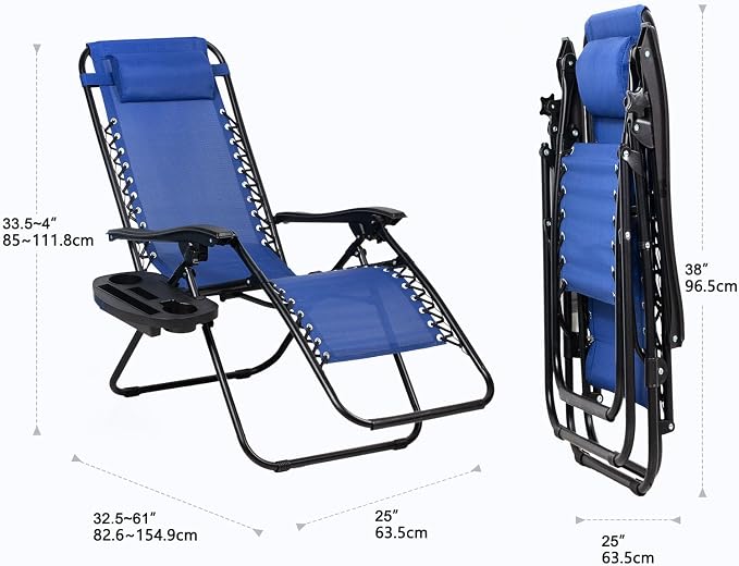 Nazhura Set of 2 Relaxing Recliners Patio Chairs Adjustable Steel Mesh Zero Gravity Lounge Chair Beach Chairs with Pillow and Cup Holder (Blue) - Image 3