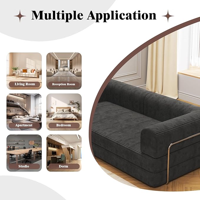 Convertible Corduroy Sleeper Sofa Bed,Folding Mattress Couch with Fixed-Shape Frame, 3 Seater Fold Out King Size Futon,No Assembly Floor Couch for Living Room Dorm Studio 78.7*39.4*29.6 in Black