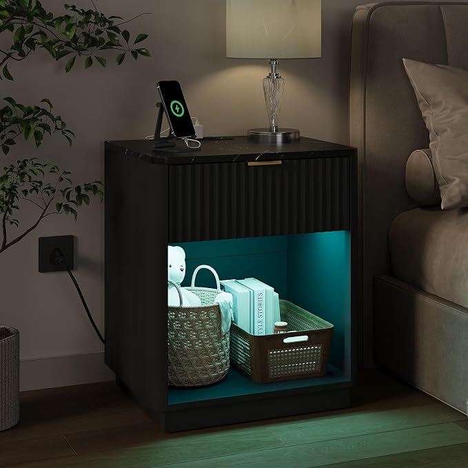 24” Tall Nightstand - Fluted Night Stand with Charging Station & LED Light Faux Marble Top Bedside Table with Curved Profile Design for Bedroom/ 1 Drawer, Black - Image 2