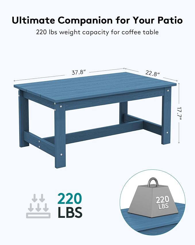 SERWALL HDPE Patio Coffee Table, Rectangle Outdoor Coffee Table, All-Weather Coffee Side Table for Balcony, Poolside, Deck, Garden, Blue - Image 3