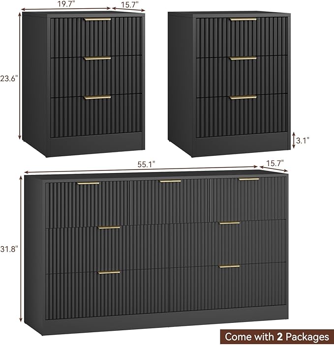 7 Drawer Dresser & Nightstand Set, 3-Piece Black Bedroom Dressers and Night Stand Set of 2 with Metal Handle, Fluted Modern Wood Chest of Drawers Storage Dressers Set for Bedroom, Black