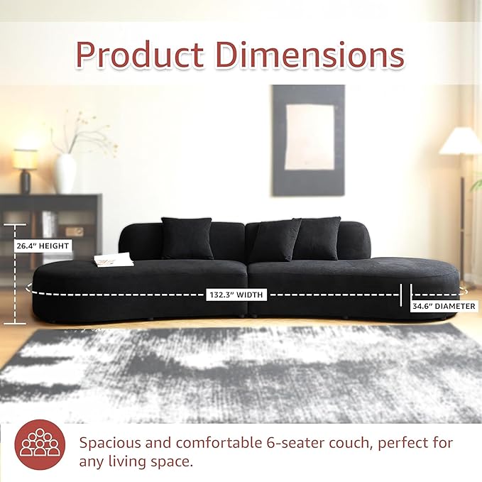 132" Curved Sofa with Throw Pillows, 6 Seater Luxury Velvet Couch with Half Moon Design and High-Density Foam, Ideal for Modern Living Room, Office & Apartment, Black