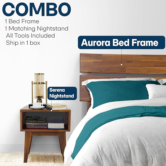 Acacia Aurora Queen Solid Wood Bed Frame with Headboard – Gift Matching Nightstand Included, Mid-Century Modern Farmhouse, Walnut Finish, 800 lbs Capacity, Sturdy, No Box Spring, Easy Assembly