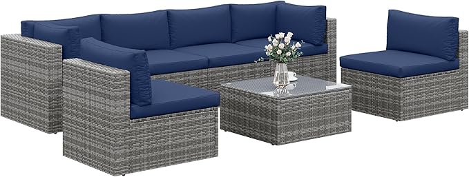 SUNVIVI OUTDOOR 7 Piece Patio Furniture Sets All Weather Gery PE Wicker Couch Sofa with Glass Table, Removable Navy Cushions