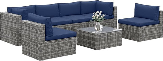 SUNVIVI OUTDOOR 7 Piece Patio Furniture Sets All Weather Gery PE Wicker Couch Sofa with Glass Table, Removable Navy Cushions