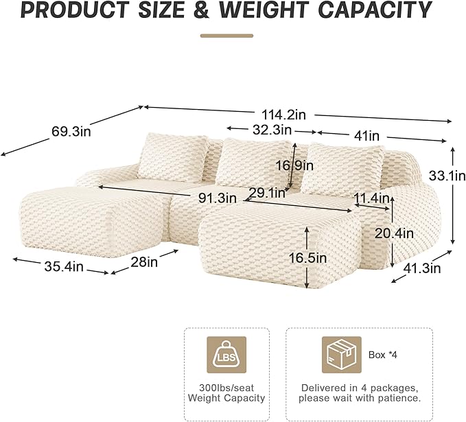114" U-Shaped Compressed Sectional Cloud Sofa, Flannel Upholstered Modular Deep Seat Sofa with 5 Pieces, Symmetrical Boneless Foam Modular Cloud Couches for Living Room