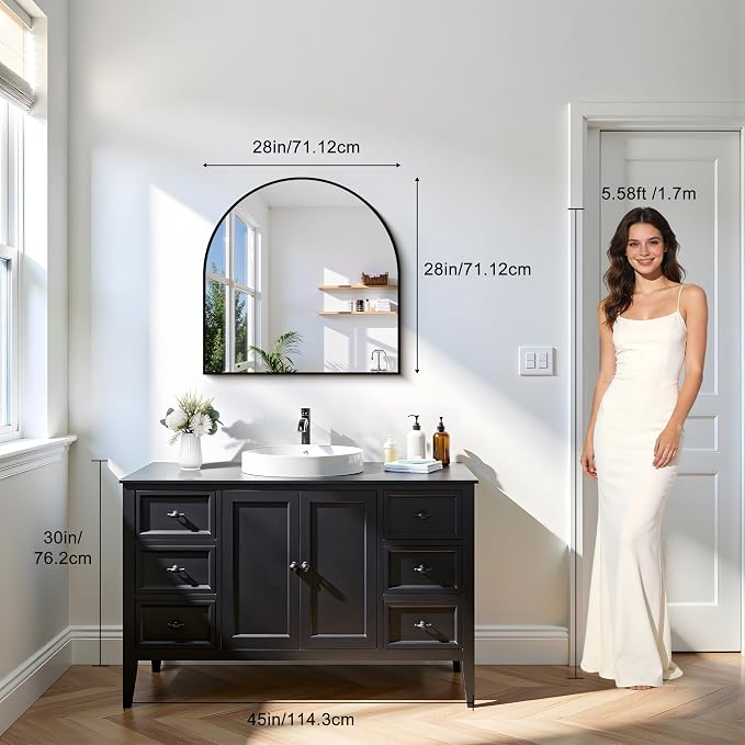 CIRCUMI Arched Wall Mirror 28"x28", Black Metal Frame with Tempered Glass, Large Decorative Mirror for Entryway Table, Mantel, Living Room, Over Sink, Shatterproof & Crystal Clear Black Arched Mirror - Image 2