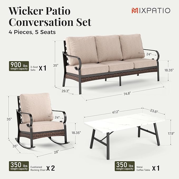 Patio Furniture Set with Coffee Table, Outdoor Conversation Set with 2 x Rocking Chairs, 1 x 3-Seat Sofa for Lawn Garden Backyard, Beige