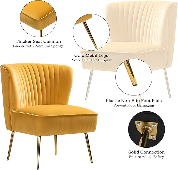 HULALA HOME Velvet Accent Chair, Modern Upholstered Cute Side Chair with Gold Metal Legs, Armless Wingback Slipper Chair Comfy Living Room Chair for Bedroom Guest Room Vanity, Mustard