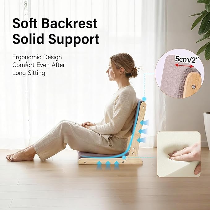 Tiita Tatami Foldable Meditation Floor Chair, Folding Floor Chairs Seat, Portable Japanese Legless Chair, Lazy Sofa for Bay Window Reading, Back Rest Chairs with Cushion, Wood Grey