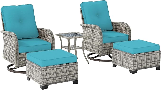 Outdoor Patio Furniture Set Patio Rocking Swivel Chair with Tempered Glass Side Table, Outdoor Wicker Rattan Bistro Set with Ottomans for Garden, Deck, and Balcony, Turquoise