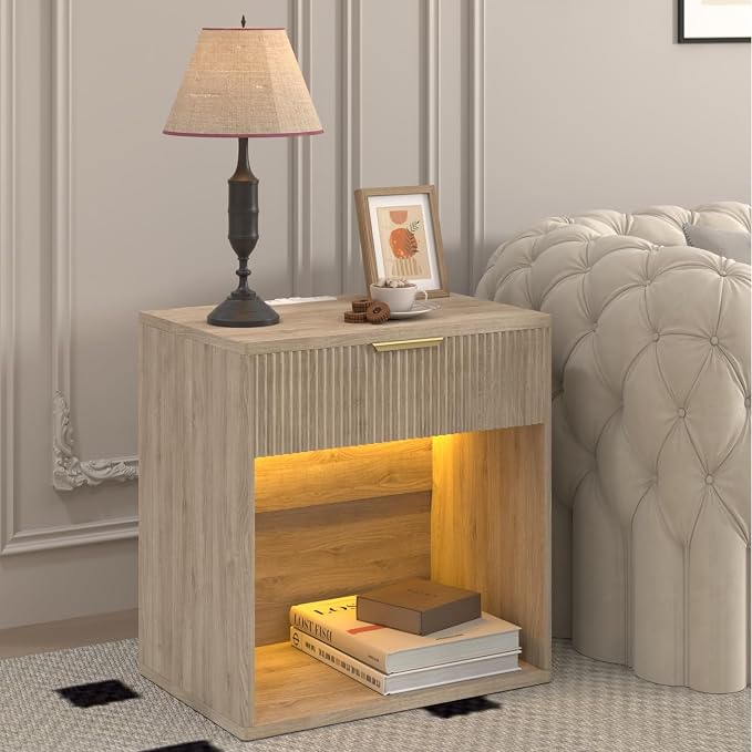 EROMMY Fluted Nightstand with Charging Station, 23” Wide Modern Bedside Table with Drawer, Mid Century Nightstand End Table for Bedroom, Natural Oak - Image 6