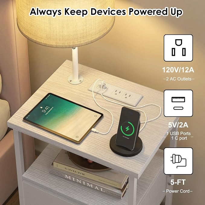 Fixwal Bedside Table with 3 Color Temperatures Bulb Attached, Nightstand with Charging Station and Lights, End Table with Fabric Drawer for Bedroom & Dorm (White) - Image 4