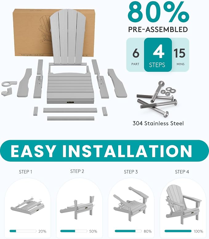 SERWALL Folding Adirondack Chair Set of 6, Weather Resistant HIPS Lawn Chairs with Cup Holder for Patio Garden Outdoors Fire Pit- Spanish Gray - Image 3
