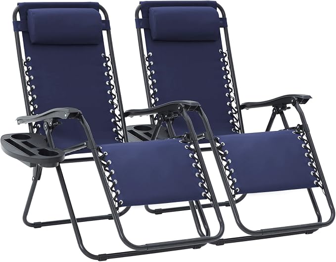 JEAREY Zero Gravity Lounge Chairs Set of 2, Breathable Steel Mesh Lounge Chairs with Head Pillows & Cup Holder Trays, for Patio, Garden, Beach, Purplish Blue by JEAREYOutdoorsCollection