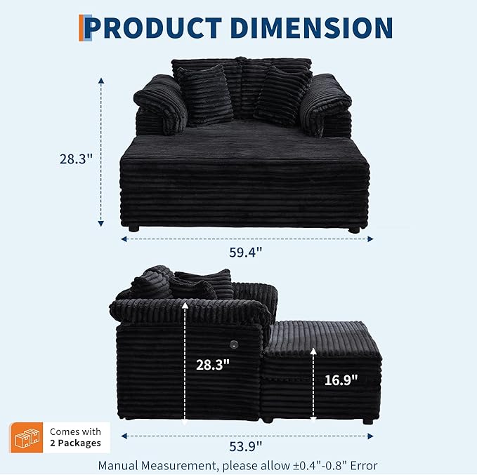 Oversized Chaise Lounge Chair 59 * 54 Inch Indoor Comfy Corduroy Cloud Sleeper Couch Upholstered Sofa Bed with USB Port Throw Pillows Supportive Armrests for Living Room