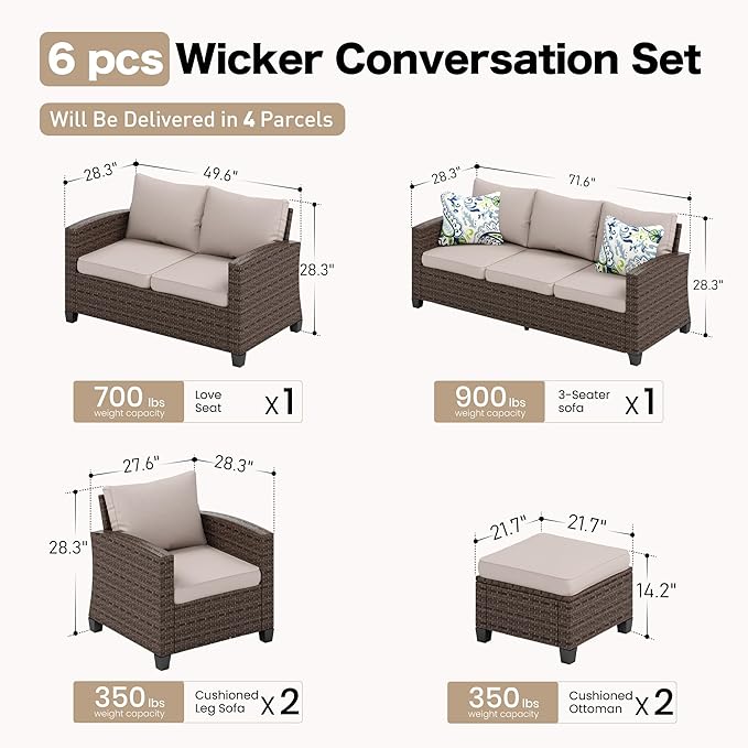 Patio Furniture Set Outdoor Furniture Brown Wicker Rattan Patio Conversation Sets with Cushion Outside Sofa Set,6 Pieces 9 Seats,Beige