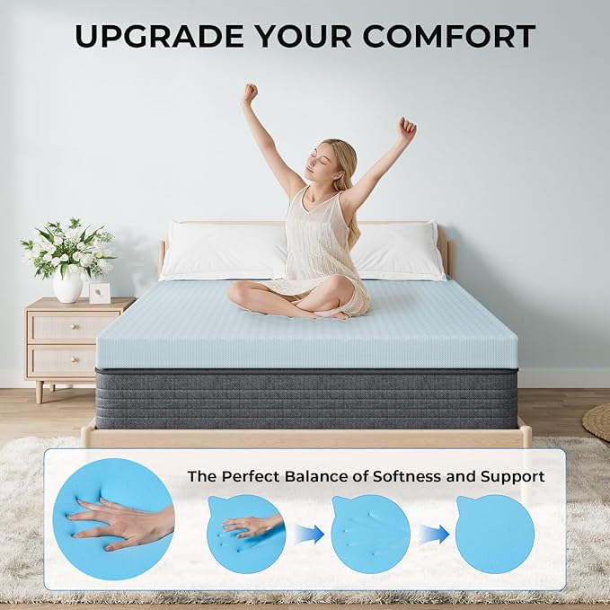 OhGeni Memory Foam Mattress Topper Pad, Soft Bed Cover with Anti-Slip Base, Size Queen, Style 3 Inch with Cover