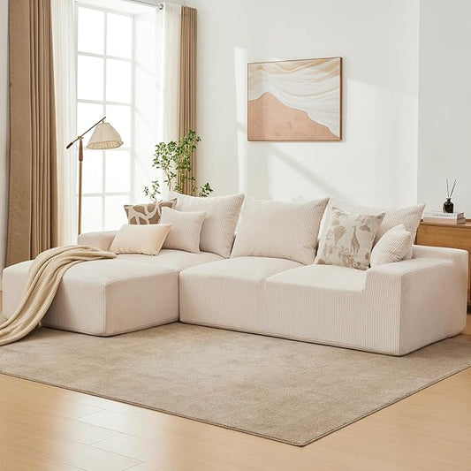 GarveeHome 110 in Oversized L-Shaped Sofa, Cloud Sectional Couch with Left Chaise & Throw Pillows, Soft Corduroy Boneless Memory Foam Sofa for Living Rooms, Apartments, Dorms, Beige