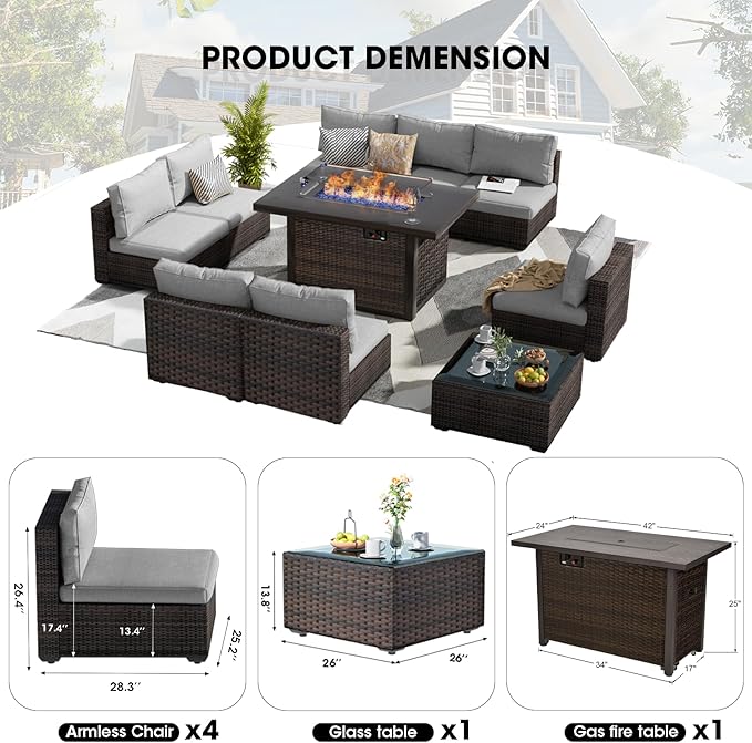 Patio Furniture Set with Fire Pit Table 10 Piece All Weather PE Rattan Outdoor Sectional Sofa Couch with 8 x armless sofa, No-Slip Cushions and Glass Top Table for Garden, Poolside, Backyard (Gray)