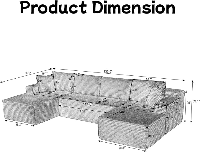 133.5" U Shaped Couch, Modular Sectional Sofa with Chaise, Corduroy U Shaped Boneless Couch with Deep Seat, Upholstered Modular Cloud Sofa for Living Room, No Assembly Required, Green