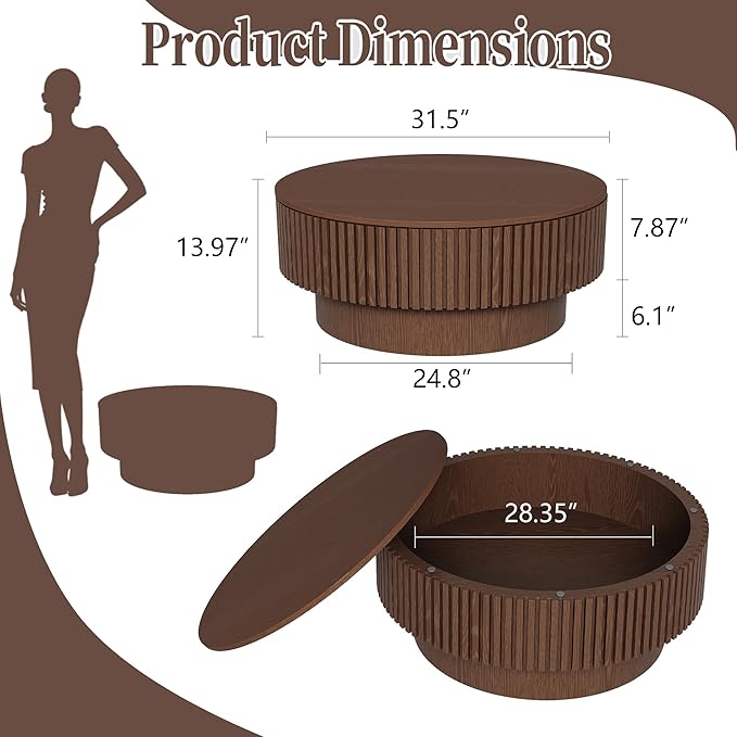 Round Coffee Table with Storage, Modern Fluted Wood Coffee Tables with Sturdy Base, 31.5" Drum Circle Center Tea Table for Living Room Apartment, Easy Assemble - Walnut