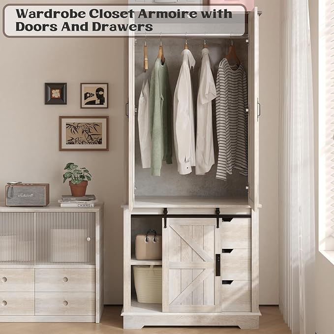 71" Tall Farmhouse Armoire Wardrobe Closet with 3 Drawers and Sliding Barn Door, 3 Doors Wooden Wardrobe Cabinet Clothing Storage Cabinet Organizer, Neoclassical White