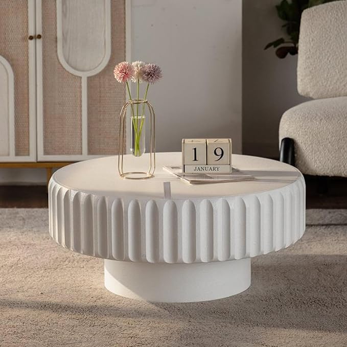 WILLIAMSPACE 31.5" Round Coffee Table with Storage for Living Room, Modern Circle Fluted Center Table with Lift-Off Lid, Drum Pedestal Tea Table for Apartment, Easy Assembly, White