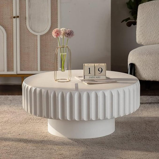WILLIAMSPACE 31.5" Round Coffee Table with Storage for Living Room, Modern Circle Fluted Center Table with Lift-Off Lid, Drum Pedestal Tea Table for Apartment, Easy Assembly, White