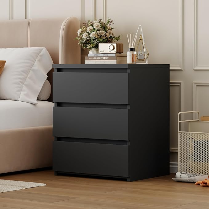 FOTOSOK Black Nightstand with 3 Drawers, Black Bedside Table Night Stand for Bedroom with Cut-Out Handle, Sofa Side Table 3 Drawer Nightstand for Bedroom, 17.7W*15D*21.7H - Image 7