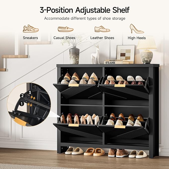 ONBRILL Shoe Cabinet with 4 Flip Drawers, 16-24 Pairs Shoe Organizer with Symmetric Groove Pattern, Freestanding Slim Hidden Shoe Storage Cabinet for Entryway, Hallway (Black) - Image 4
