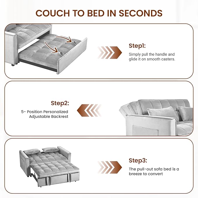 63" Sleeper Sofa with Pull-Out Bed, 3-in-1Folding Convertible Loveseat Sofa Bed with Side Pockets, Adjustable Backrest, Premium Velvet Fabric Futon Couches for Living Room