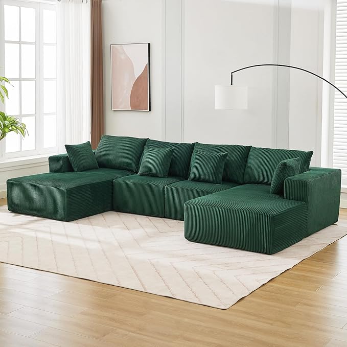 Cloud Boneless Couch 137" Modern Sectional U-Shaped Comfy No Assembly Required Convertible Compression Sleeper Modular Sofa with Corduroy Fabric Deep Seat Single + Chaise for Living Room