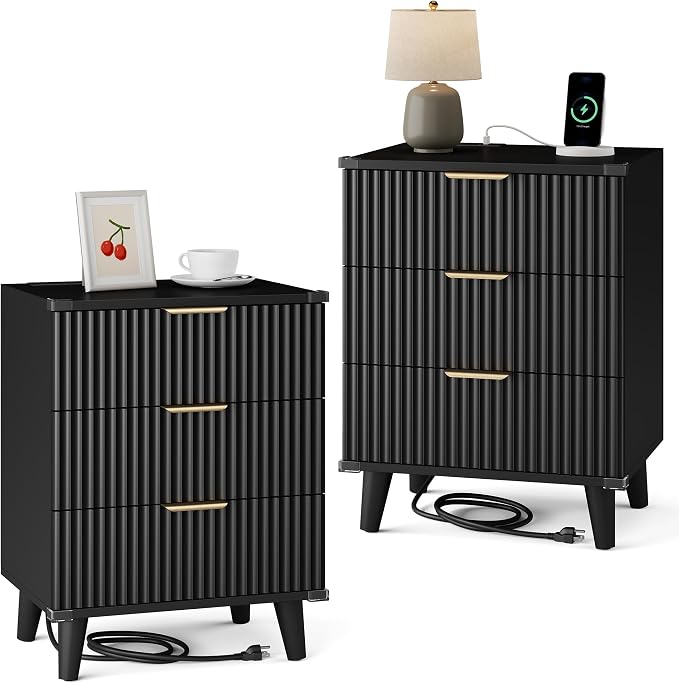 Lulive Wood Nightstand Set of 2 with Charging Station, 3 Drawers Fluted Design, Modern End Table for Bedroom Black by Lulive