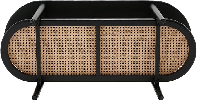 Black Rattan Coffee Table, 39.5" Oval Center Table with Storage Shelf, Modern 2-Tier Wood Side Table for Bedroom Small Space