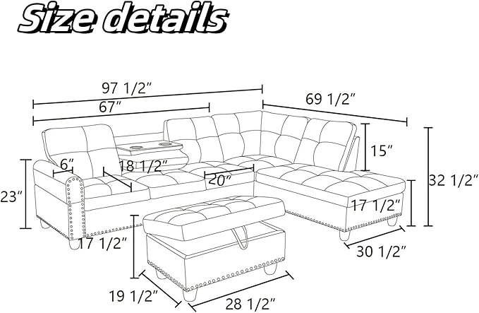 FONTOI Leather Sectional Couch with Otttoman, 97" L Shaped Couch Sectional Sofa for Living Room, Modern Modular Couches with Cup Holders for Bedroom, Apartments, Brown