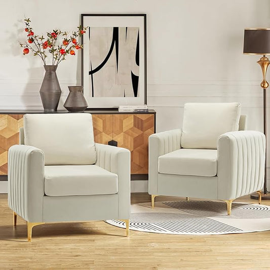 HULALA HOME Velvet Accent Club Chairs Set of 2, Modern Velvet Armchair Upholstered Accent Club Chairs Sofa Chairs with Gold Metal Legs Mid-Century Barrel Leisure Comfy Reading Armchair, Ivory