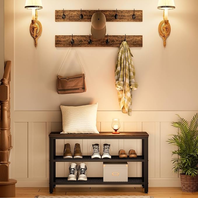 HOOBRO Hall Tree Entryway Storage Bench, Coat Rack Shoe Bench, Shoe Rack Organizer with Coat Hooks, 3-in-1 Design, Wooden Furniture with Metal Frame, Rustic Brown and Black BF17MT01 - Image 3