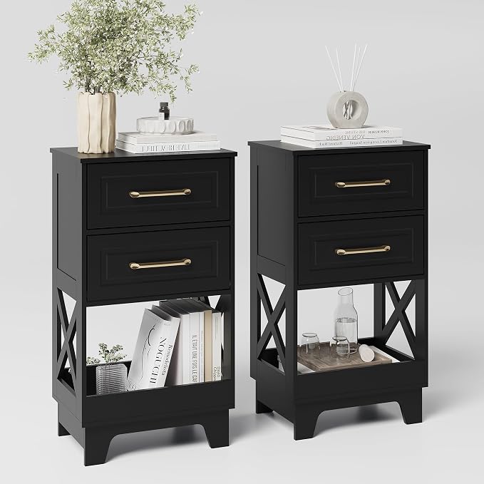Tall Nightstand Set of 2 Side Table with 2 Drawers Modern Night Stand Wooden End Table Bedside Table with Below Open Shelf Solid Feet for Bedroom Black by ZYKZYKHOME