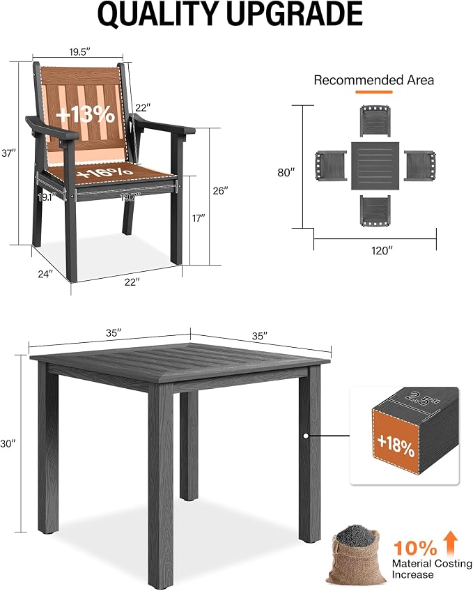 YEFU HIPS Patio Table Set: 5 Piece Outdoor Square Table and Chairs with Metal Aluminum Frame - Gray Modern Plastic Patio Dining Furniture Set 4 Person for Outside Deck - Image 4
