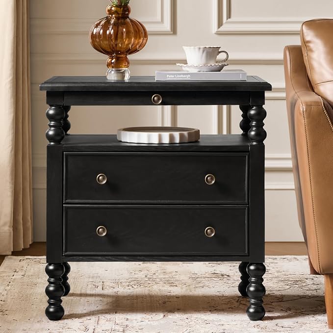 HULALA HOME 26" End Table with Charging Station, Transitional 2 Drawer Wood Endtable with Pull-Out Shelf and Open Storage Space, Large Side Table with Solid Wood Spindle Legs,Black by HULALAHOME