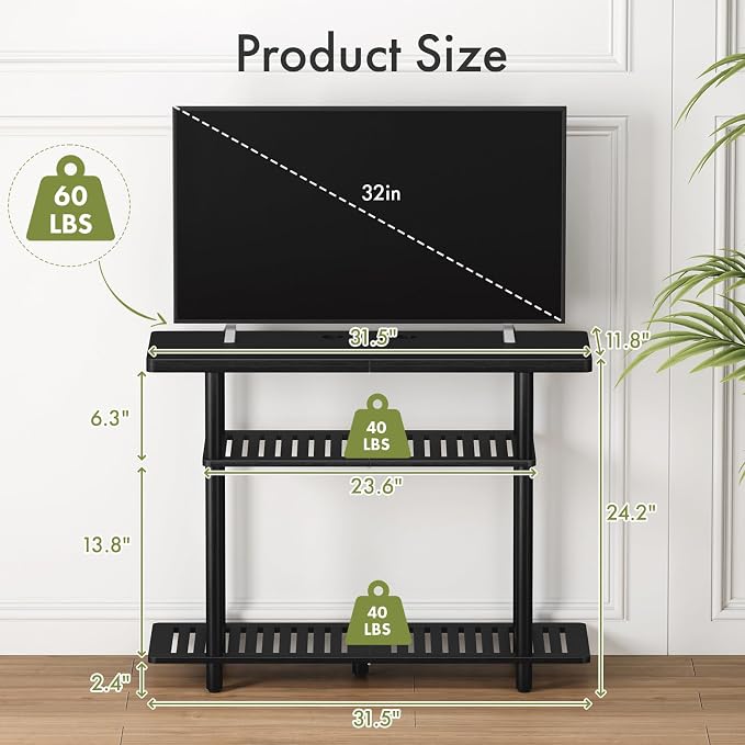 Bamboo TV Stand, Small TV Stands for up to 32 Inch, 3-Tier Entertainment Center TV Shelf with Storage, Sturdy Corner TV Stand for Small Spaces, Black - Image 2