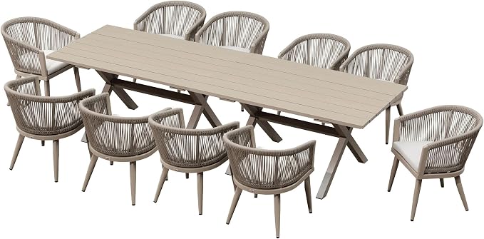 PURPLE LEAF Outdoor Dining Set for 10 All-Weather 12 Pieces Patio Aluminium Dining Large Table and Rope Weave Chairs Included Cushions for Backyard Deck Kitchen Modern Patio Furniture Set Champagne by PURPLELEAF