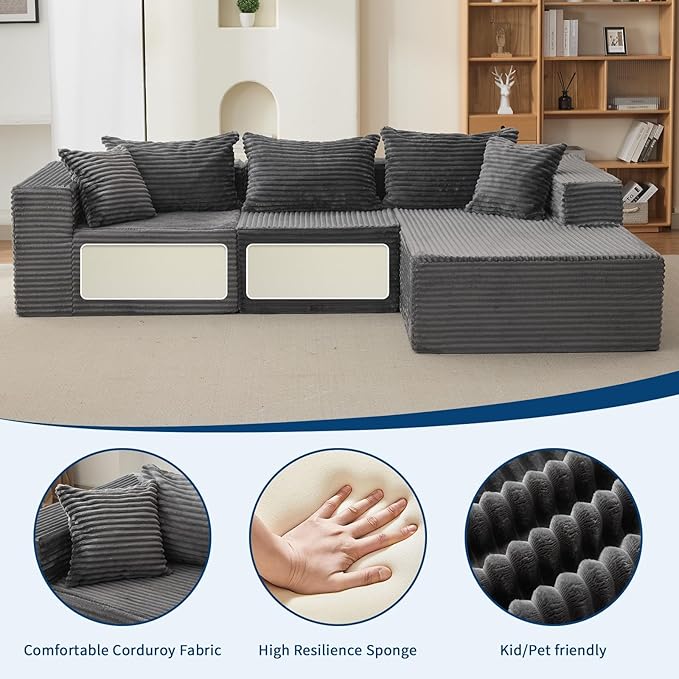 106" Comfy Cloud Sectional Couch with Chaise, Boneless L Shaped Sofa | Fluffy Gray Couches for Living Room, Modular Sofa Couch & Bed, No Assembly Required, (Gray, Right Facing Chaise)