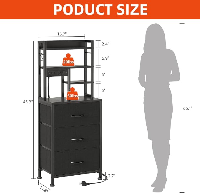 COTUBLR Night Stand, Tall Nightstand with Charging Station and LED Lights, Side Table with 4-Tier Shelves and 3 Fabric Drawers, 45.3" Tall Bedside End Tables for Bedroom, Hallway, Office, Black - Image 2