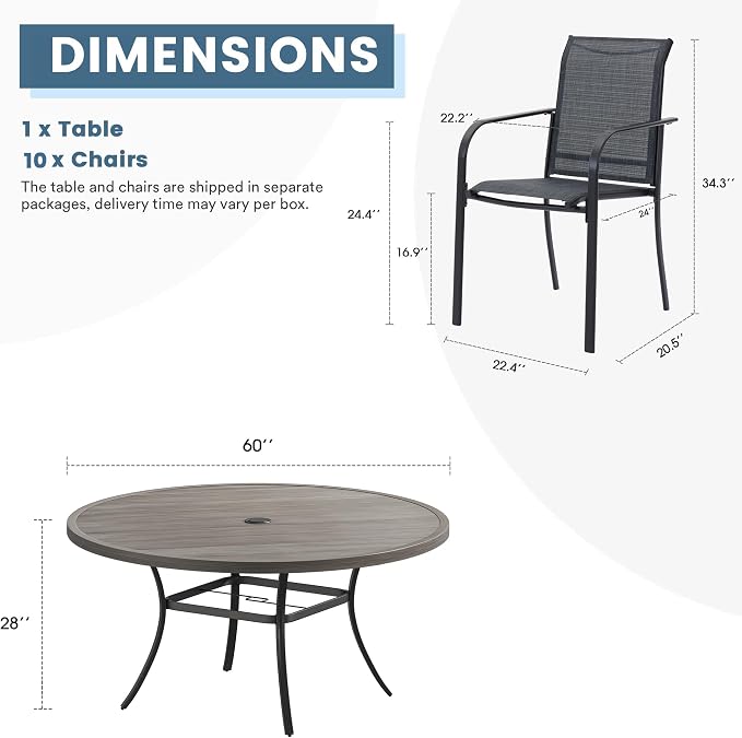 DIFY 11 Pieces Outdoor Patio Dining Set for 10, 60" Grey Wood-Like Round Metal Dining Table and 10 Grey Stackable Textilene Patio Chairs, Outdoor Table and Chairs for Backyard Garden Poolside - Image 8