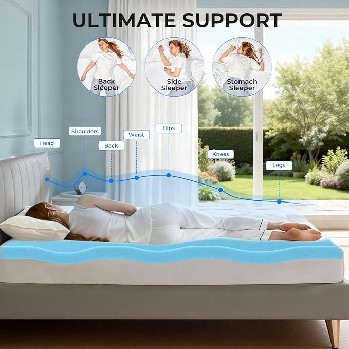 OhGeni Memory Foam Mattress Topper Pad, Soft Bed Cover with Anti-Slip Base, Size Twin XL, Style 2 Inch with Cover