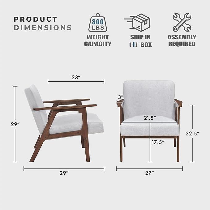 Lexicon Mid Century Modern Accent Chair, Upholstered Lounge Armchair, Single Sofa Seat, Brown Finish Solid Wood Framed Comfy Side Chairs for Living Room/Bedroom/Office/Waiting Area, Gray